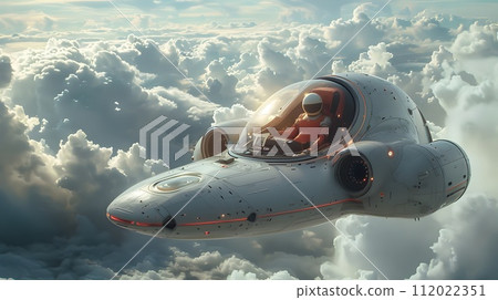 Spaceship Soaring Through Clouds in Retro Futuristic Style 112022351