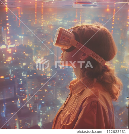 Woman Exploring City at Night through VR Glasses in Retrowave Style 112022381