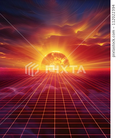 80s Sun Setting on a Futuristic Grid-based Landscape 80s Sun Setting on a Futuristic Grid-based Landscape 112022394
