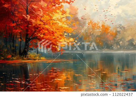 Colorful Autumn Tree Painting on the Lake 112022437