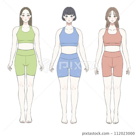 Women with different skeletal structures seen from the front - sportswear ver. Women with different skeletal structures seen from the front - sportswear ver. 112023000