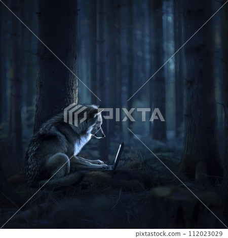 A lone wolf, navigating the dark woods of business, pauses to reflect on life s hobbies beside a glowing laptop 112023029