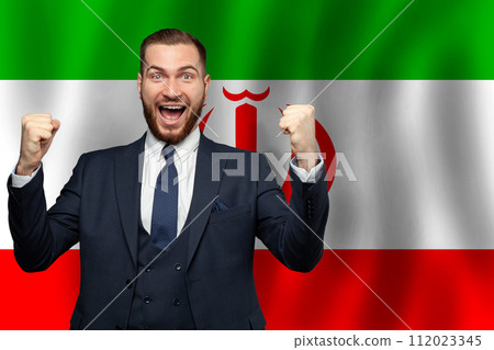 Irani happy businessman on the background of flag of Iran Business, education, 112023345