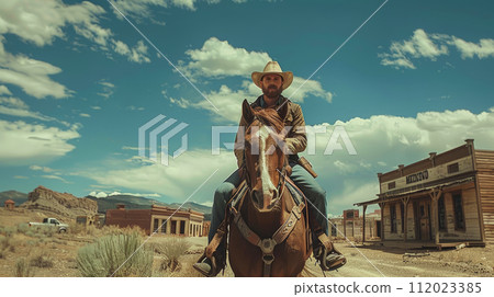 wild west town, modern man dressed as a cowboy on a horse 112023385