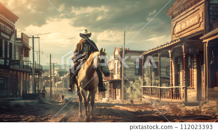 wild west town, modern man dressed as a cowboy on a horse 112023393