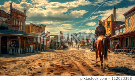 wild west town, modern man dressed as a cowboy on a horse 112023398