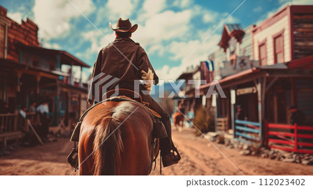 wild west town, modern man dressed as a cowboy on a horse wild west town, modern man dressed as a cowboy on a horse 112023402