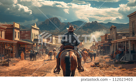 wild west town, modern man dressed as a cowboy on a horse 112023403