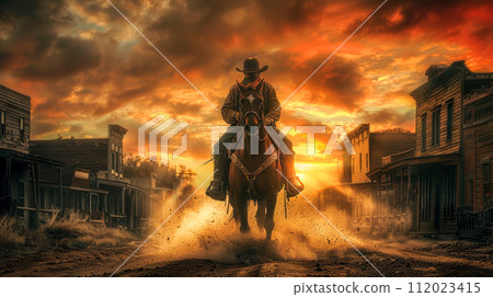 wild west town, modern man dressed as a cowboy on a horse 112023415