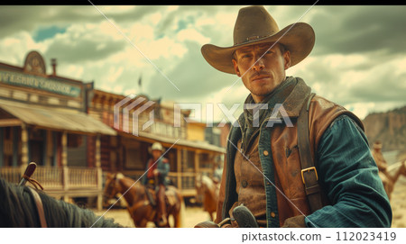 wild west town, modern man dressed as a cowboy on a horse 112023419