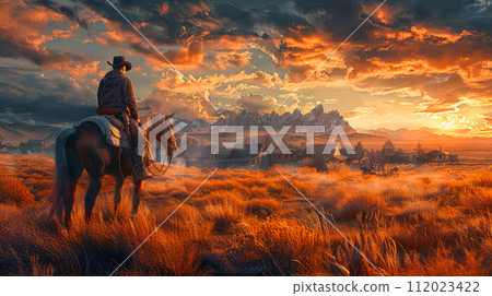 wild west town, modern man dressed as a cowboy on a horse 112023422