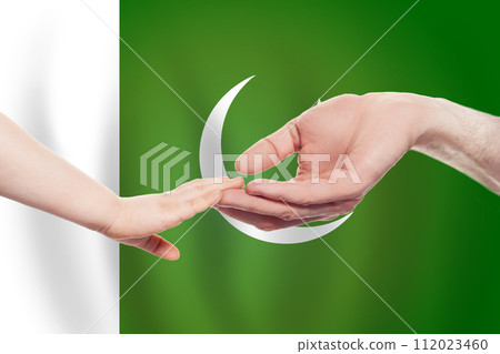 Pakistani baby and parent hands on the background of flag of Pakistan Help Pakistani baby and parent hands on the background of flag of Pakistan Help 112023460