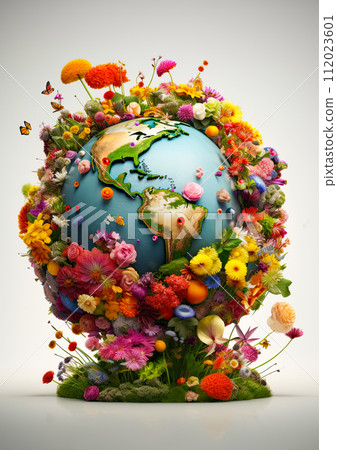 Earth Day. Planet earth covered in colorful flowers and plants.  Ai Generative illustration 112023601