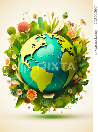 Earth Day. Green planet earth covered in plants and flowers. Generative Ai illustration 112023604