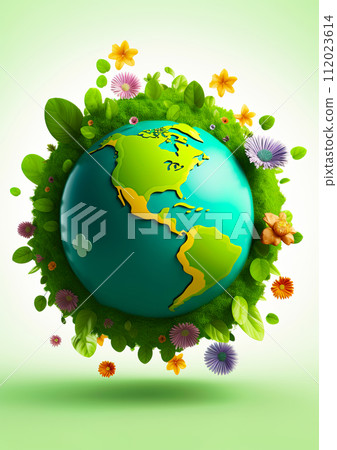 Earth Day. Green planet earth covered in plants and flowers. Generative Ai illustration 112023614