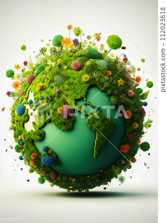 Earth Day. Green planet earth covered in plants and flowers. Generative Ai illustration 112023618