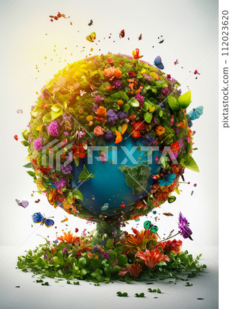 Earth Day. Planet earth covered in colorful flowers and plants.  Ai Generative illustration 112023620