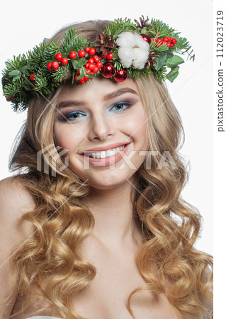 Magnificent woman with cute smile. Good-looking female model with long wavy blonde hair Magnificent woman with cute smile. Good-looking female model with long wavy blonde hair 112023719