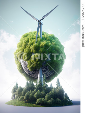 Wind turbine powering planet earth. Renewable, sustainable energy concept. Generative Ai Wind turbine powering planet earth. Renewable, sustainable energy concept. Generative Ai 112023788