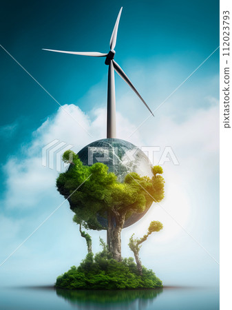 Wind turbine powering planet earth. Renewable, sustainable energy concept. Generative Ai 112023793