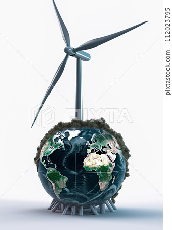Wind turbine powering planet earth. Renewable, sustainable energy concept. Generative Ai Wind turbine powering planet earth. Renewable, sustainable energy concept. Generative Ai 112023795
