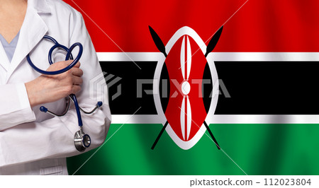 Kenyan medicine and healthcare concept. Doctor close up against flag of Kenya background 112023804