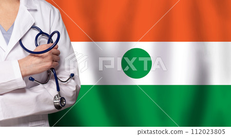 Nigerian medicine and healthcare concept. Doctor close up against flag of Niger background 112023805