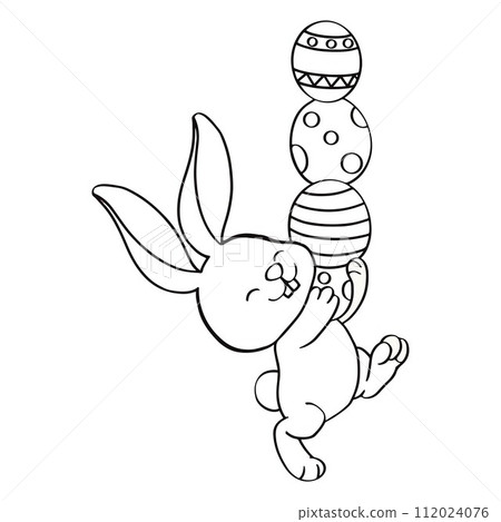 Happy white Easter bunny holding a colorful stack of Easter eggs. 112024076