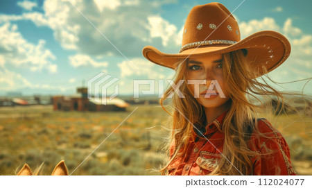 wild west town, Woman dressed as a cowboy on a horse 112024077