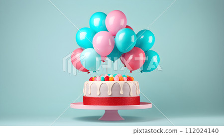 Modern minimalist birthday cake with balloons. 112024140