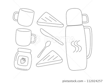 Outline vector elements for picnic, camping and hiking. Travel thermos with hot drink and mugs. Toast, slices of bread and jar of strawberry jam. Set of linear objects isolated on white background Outline vector elements for picnic, camping and hiking. Travel thermos with hot drink and mugs. Toast, slices of bread and jar of strawberry jam. Set of linear objects isolated on white background 112024257
