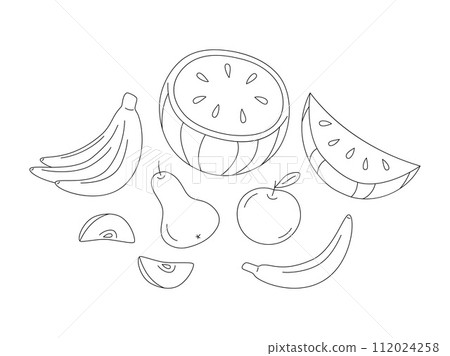 Set of fruits in line art style. Pear, apple and slices. Half a Watermelon and bananas. Simple linear still life. Vector set isolated on white background 112024258