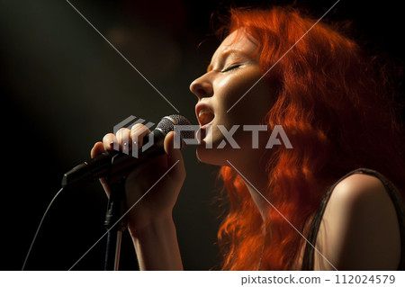 Singer with Microphone Under Warm Light 112024579
