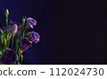 floral background of leaves, flowers of eustoma buds in dark warm colors with space for text 112024730