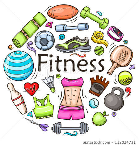 Doodle fitness and sport round banner. 112024731