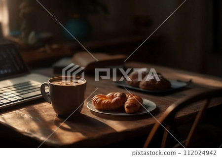 Cup of cappuccino coffee and pastries for breakfast. Delicious and sweet breakfast. Generative AI. Cup of cappuccino coffee and pastries for breakfast. Delicious and sweet breakfast. Generative AI. 112024942