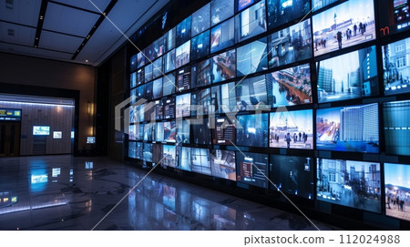 Large multimedia screen composed of many monitors displaying various video contents. Realistically designed. Large multimedia screen composed of many monitors displaying various video contents. Realistically designed. 112024988