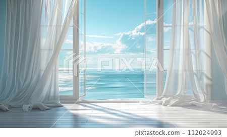 Large open window with silk curtain waving in the wind, revealing a fantastic ocean view. Photorealistic. 112024993