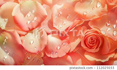 Rose petals pattern overcrowded with some water drops. Photorealistic. Fine exposure on a sunny day. 112025033