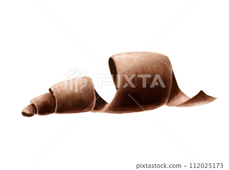 Watercolor curl slices of chocolate. Hand drawn coiled sweet delicious realistic illustration isolated on white background. For designers, packaging design, menu, cafe, decoration, postcards, wrapping Watercolor curl slices of chocolate. Hand drawn coiled sweet delicious realistic illustration isolated on white background. For designers, packaging design, menu, cafe, decoration, postcards, wrapping 112025173