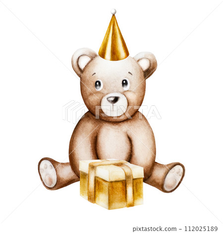 Watercolor cute cartoon teddy bear with golden birthday, holiday cap and gift box. Hand drawn baby illustration isolated on white background. Lovely toy for baby and kids new born celebration, Watercolor cute cartoon teddy bear with golden birthday, holiday cap and gift box. Hand drawn baby illustration isolated on white background. Lovely toy for baby and kids new born celebration, 112025189
