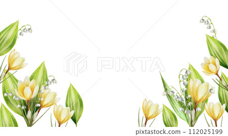 Watercolor frame with bouquet of yellow blooming crocus and lily of the valley flowers isolated on white background. Spring and easter botanical templates, banner. Hand painted saffron illustration. 112025199