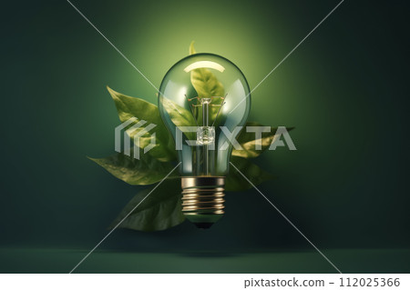 AI-generated content. Green Energy Concept with Leaf Inside Light Bulb on Green Background 112025366