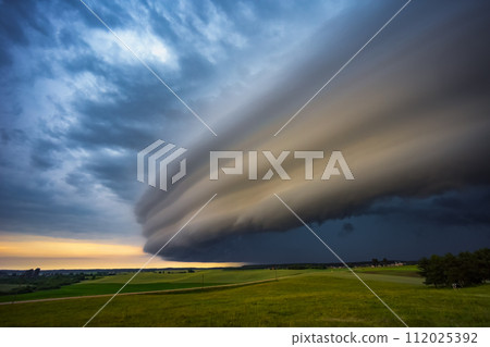 Angry supercell storm influenced by Climate change. Dangerous storm supercell shelf cloud with layers. Angry supercell storm influenced by Climate change. Dangerous storm supercell shelf cloud with layers. 112025392