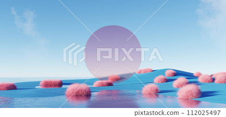 3d Render, Abstract Surreal pastel landscape background with architecture and geometric, beautiful gradient sky scene, lake with clam water, minimal concept. 3d Render, Abstract Surreal pastel landscape background with architecture and geometric, beautiful gradient sky scene, lake with clam water, minimal concept. 112025497