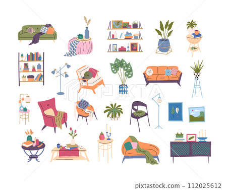 Cartoon Color Home Furniture Interior Decor Elements Set Concept Flat Design Style Include of Sofa, Table, Armchair and Plant. Vector illustration Cartoon Color Home Furniture Interior Decor Elements Set Concept Flat Design Style Include of Sofa, Table, Armchair and Plant. Vector illustration 112025612