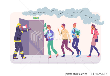 Cartoon Color Characters and Fire Emergency Evacuation Alarm Concept Flat Design Style. Vector illustration of Fireman with Megaphone 112025613