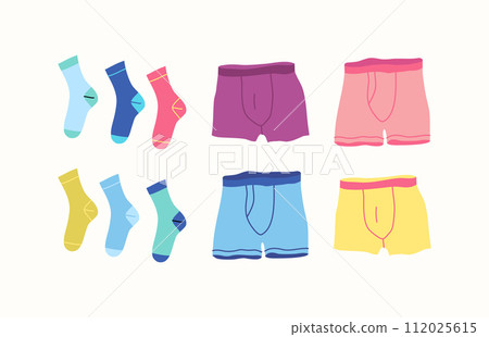 Cartoon Color Different Type Clothes Male Underwear Set Concept Flat Design Style. Vector illustration of Boxer and Socks 112025615