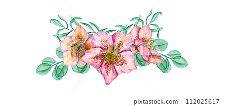 Pink Hellebores with mint herbs. Spring plants. Three Helleborus flower heads with eucalyptus branches. Watercolor illustration. For wedding invitation, birthday cards, textile design, prints 112025617