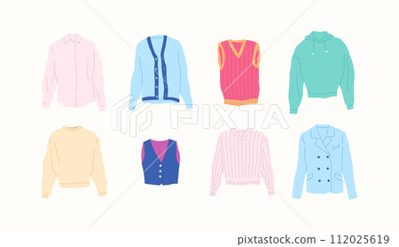 Cartoon Color Different Type Clothes Male Tops Set Concept Flat Design Style. Vector illustration of Cardigan and Vest 112025619